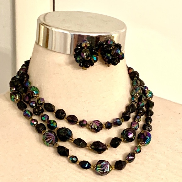Vintage jet Black aurora borealis Necklace Earrings set west Germany 3 strands - Picture 13 of 15